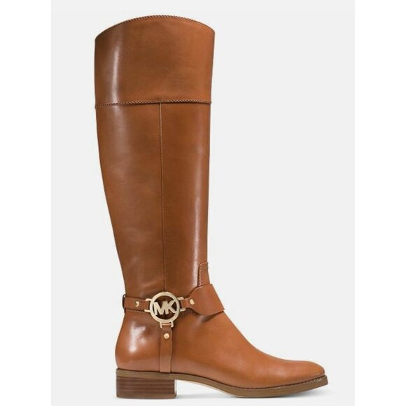 MICHAEL KORS FULTON HARNESS Camel Brown  GOLD MK LOGO LUGGAGE RIDING BOOTS 7.5 - Picture 2 of 9